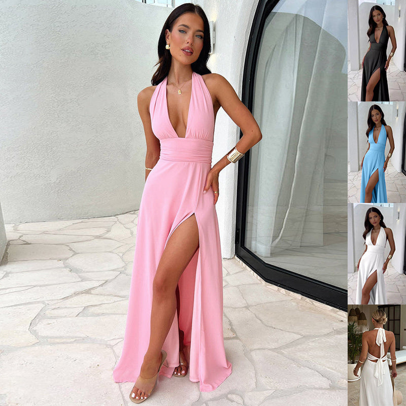 Abito Estivo ed Elegante Sexy da Donna con Scollo a V, Schiena Scoperta e Spacco