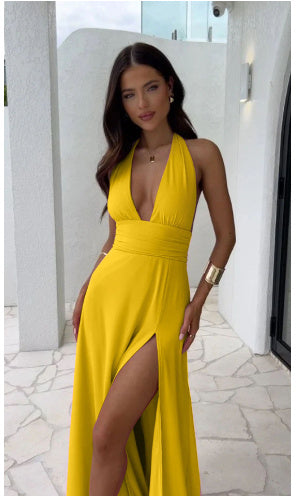 Abito Estivo ed Elegante Sexy da Donna con Scollo a V, Schiena Scoperta e Spacco